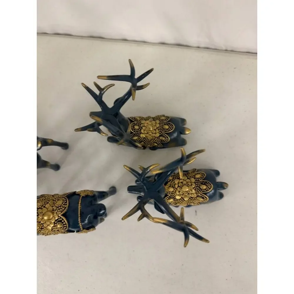 Set of 6 Decorative Deer Figurines Navy Blue Gold Accents Christmas Home Decor